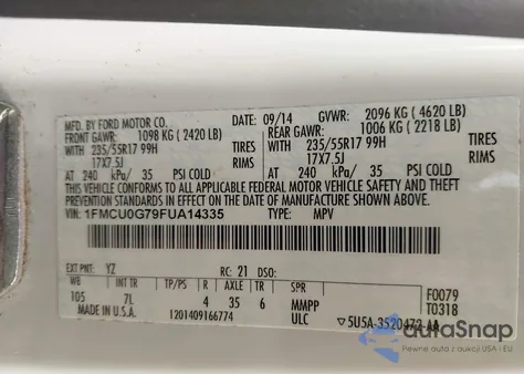 2015 Ford Escape Se from USA, damaged, VIN 1FMCU0G79FUA14335